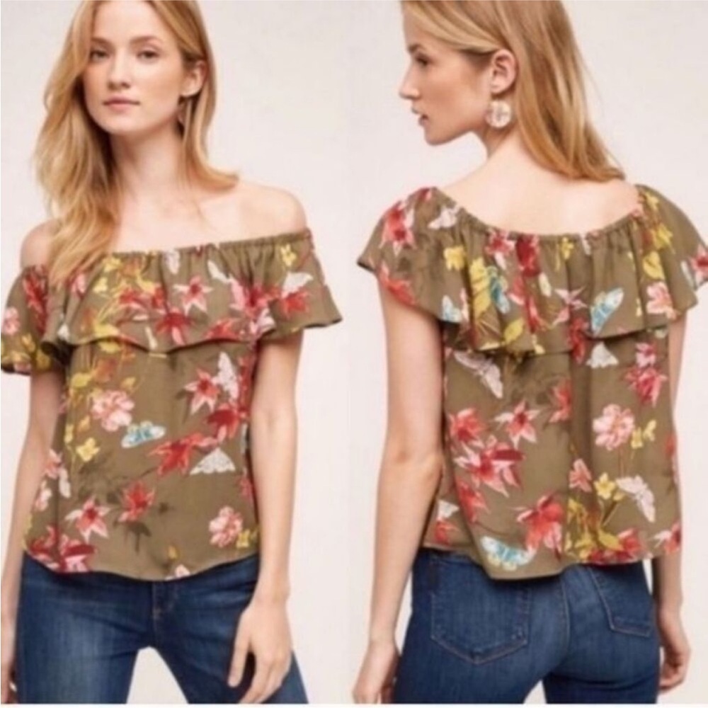 Maeve Anthropologie vallita green Floral Off-Shoulder Top S
